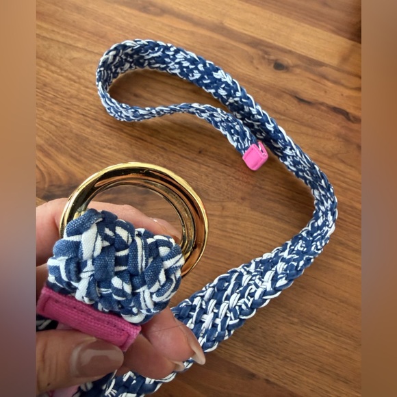 Lilly Pulitzer Woven Belt Braid Silver D Ring Cotton Size Large navy And White